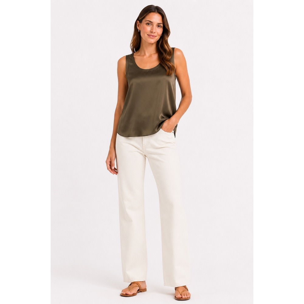 Lafayette 148 New York Olive Green 100% Silk Satin Scoop Neck Tank Top Large